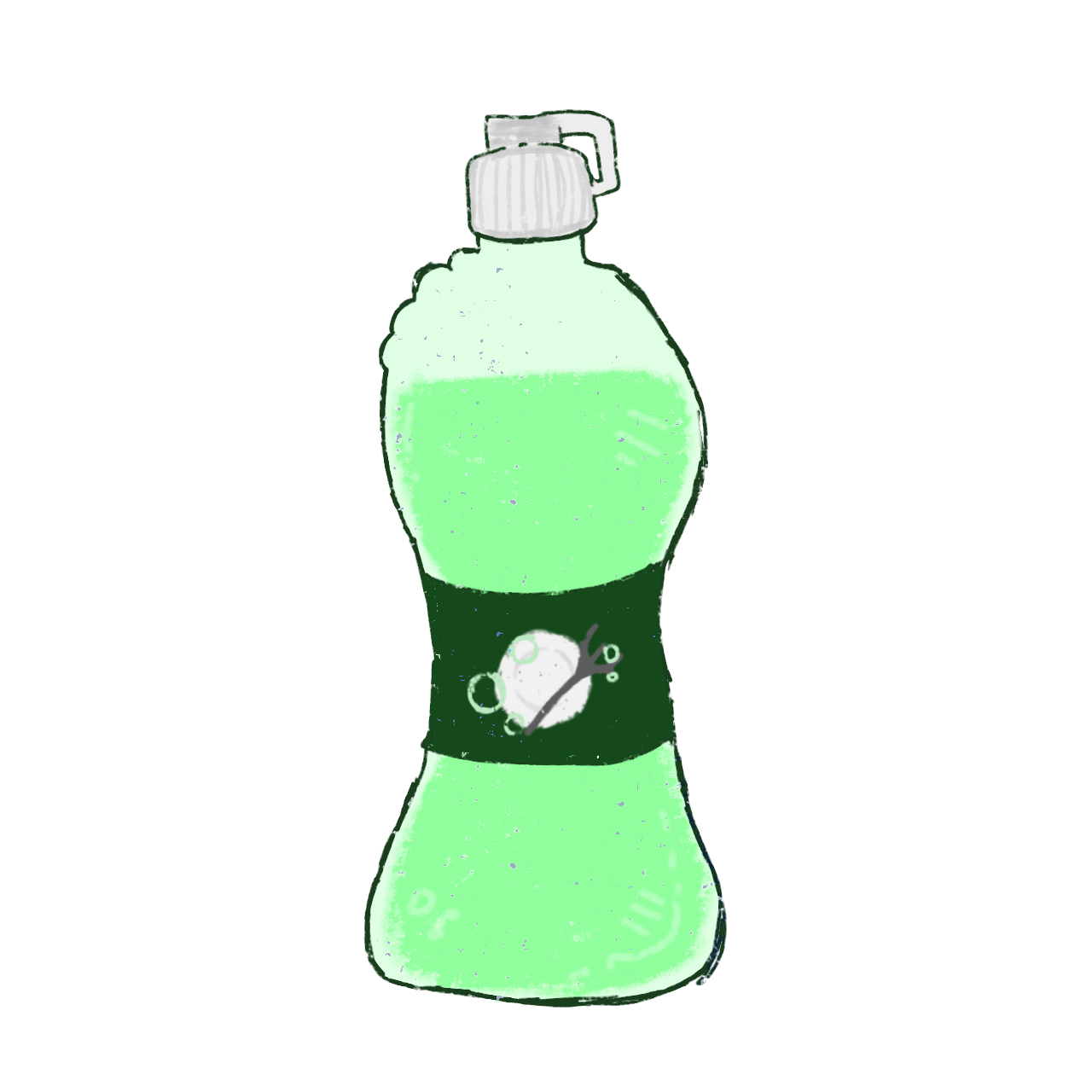 A tall crayon textured oblong bottle with green liquid in it with a tag showing cutlery and bubbles with a white cap